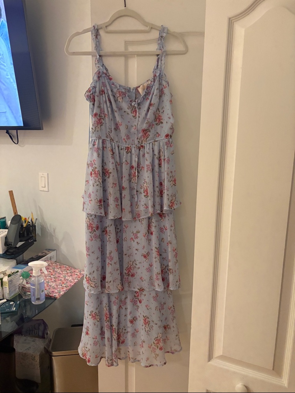 Light Blue Floral Maxi Dress with Ruffle Tiers